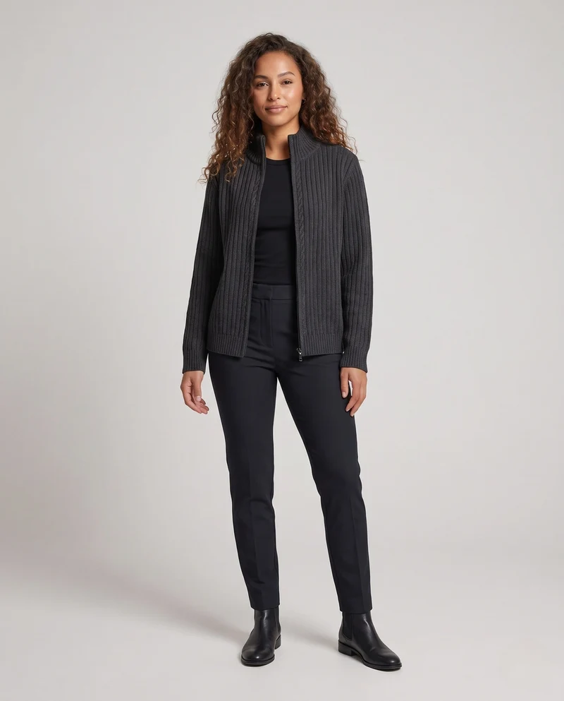 Damen Oversized-Cardigan mit Stehkragen und durchgehendem Reißverschluss Nord Taschen