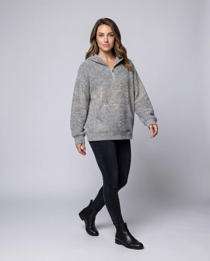 Damen übergroßer strukturierter Kapuzenpullover mit halbem Reißverschluss & Kängurutasche Nord Taschen