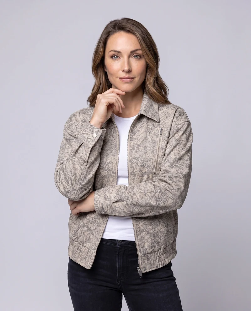 Damen Oversize Strukturierte Bomberjacke mit Stehkragen, Brustreißverschlüssen & Elastischem Saum Nord Taschen