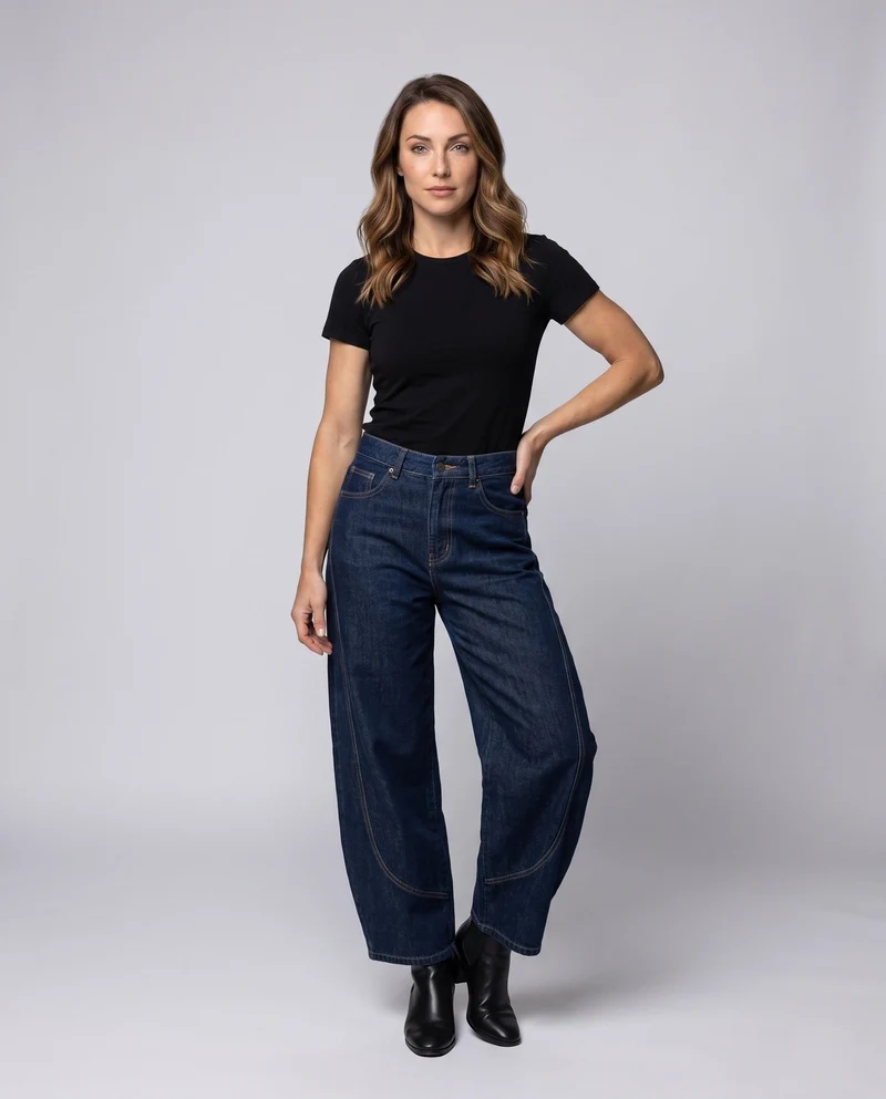 Damen Palazzo-Hosen-Jeans mit weitem Bein, hoher Taille und dekorativen Nähten Nord Taschen