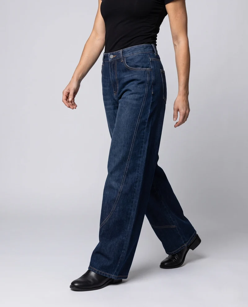 Damen Palazzo-Hosen-Jeans mit weitem Bein, hoher Taille und dekorativen Nähten Nord Taschen