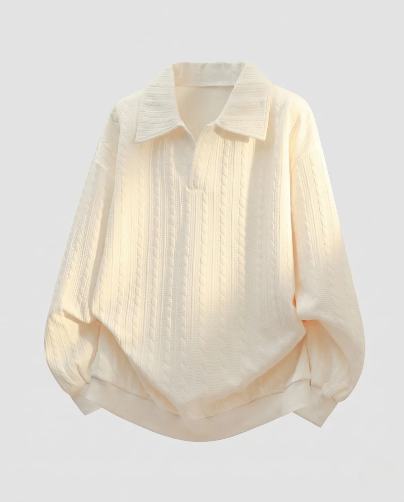 Damen Oversize Kabelstrick Polo Shirt Pullover mit Hemdkragen und Ballonärmeln Nord Taschen