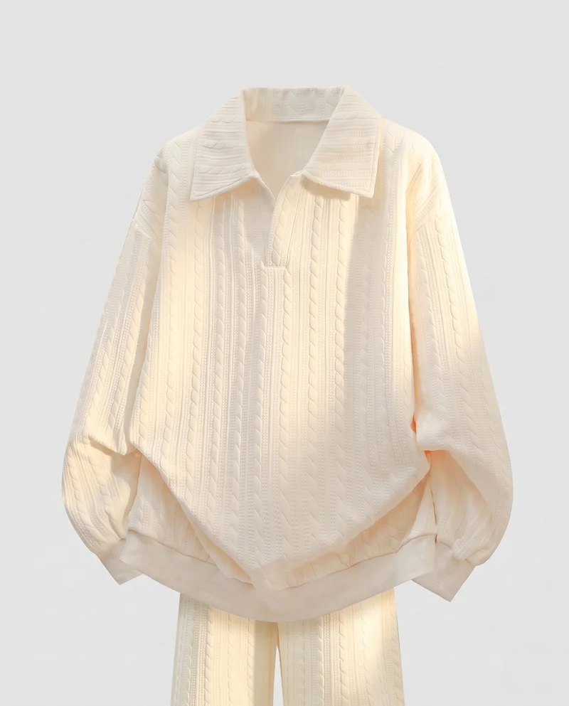 Damen Oversize Kabelstrick Polo Shirt Pullover mit Hemdkragen und Ballonärmeln Nord Taschen