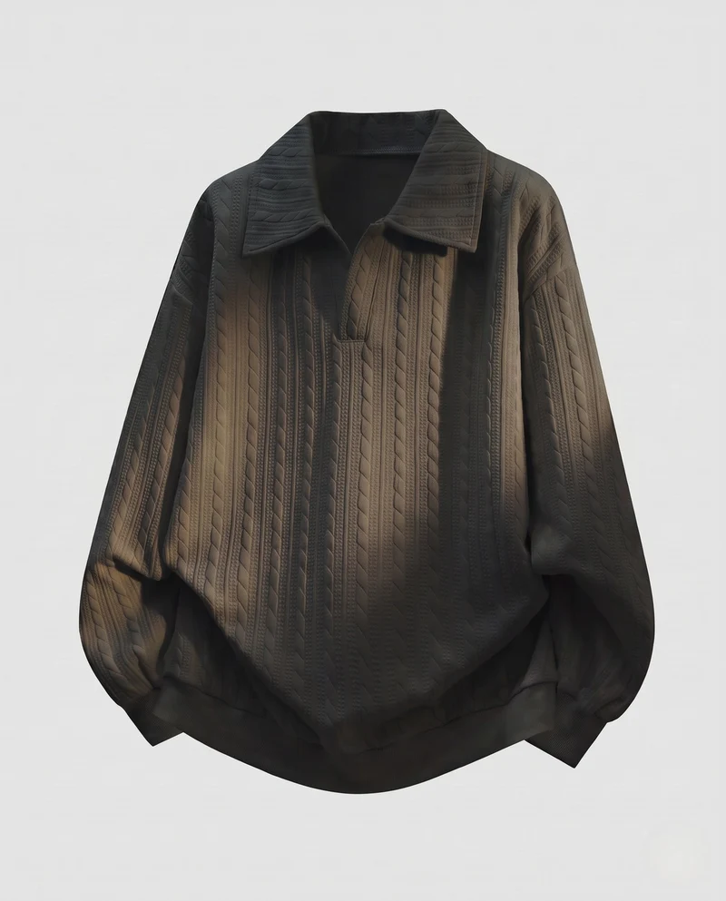 Damen Oversize Kabelstrick Polo Shirt Pullover mit Hemdkragen und Ballonärmeln Nord Taschen