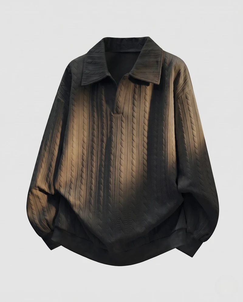Damen Oversize Kabelstrick Polo Shirt Pullover mit Hemdkragen und Ballonärmeln Nord Taschen