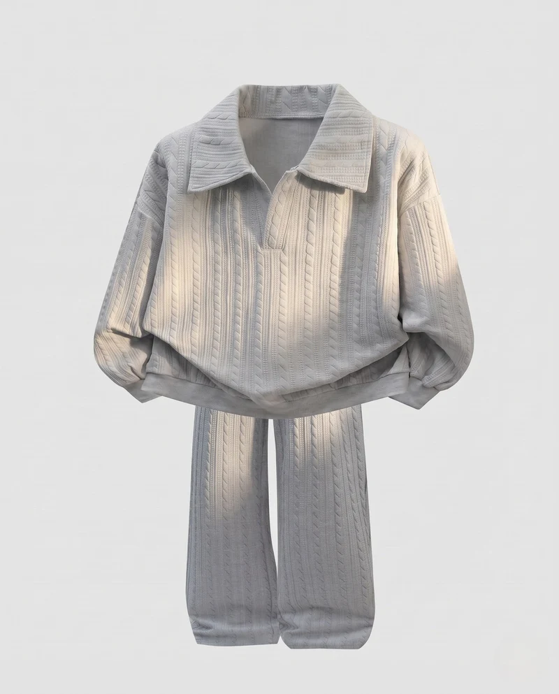 Damen Oversize Kabelstrick Polo Shirt Pullover mit Hemdkragen und Ballonärmeln Nord Taschen