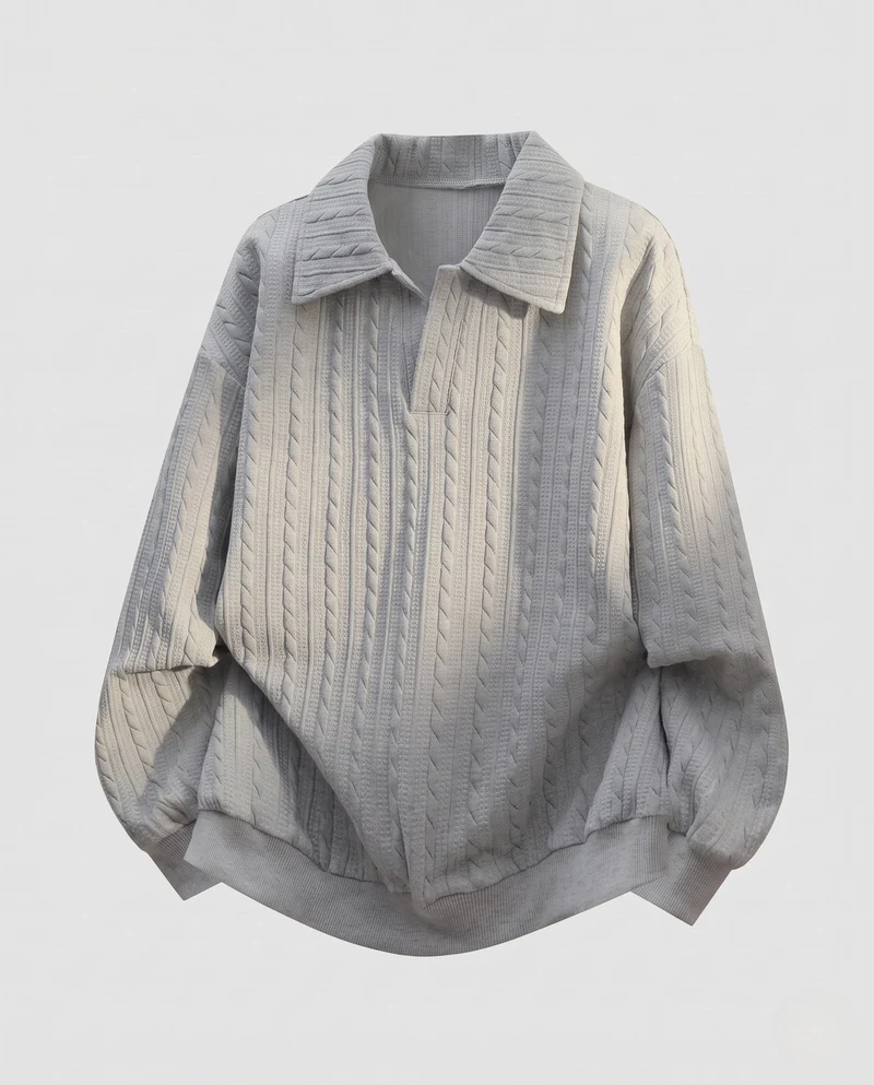 Damen Oversize Kabelstrick Polo Shirt Pullover mit Hemdkragen und Ballonärmeln Nord Taschen