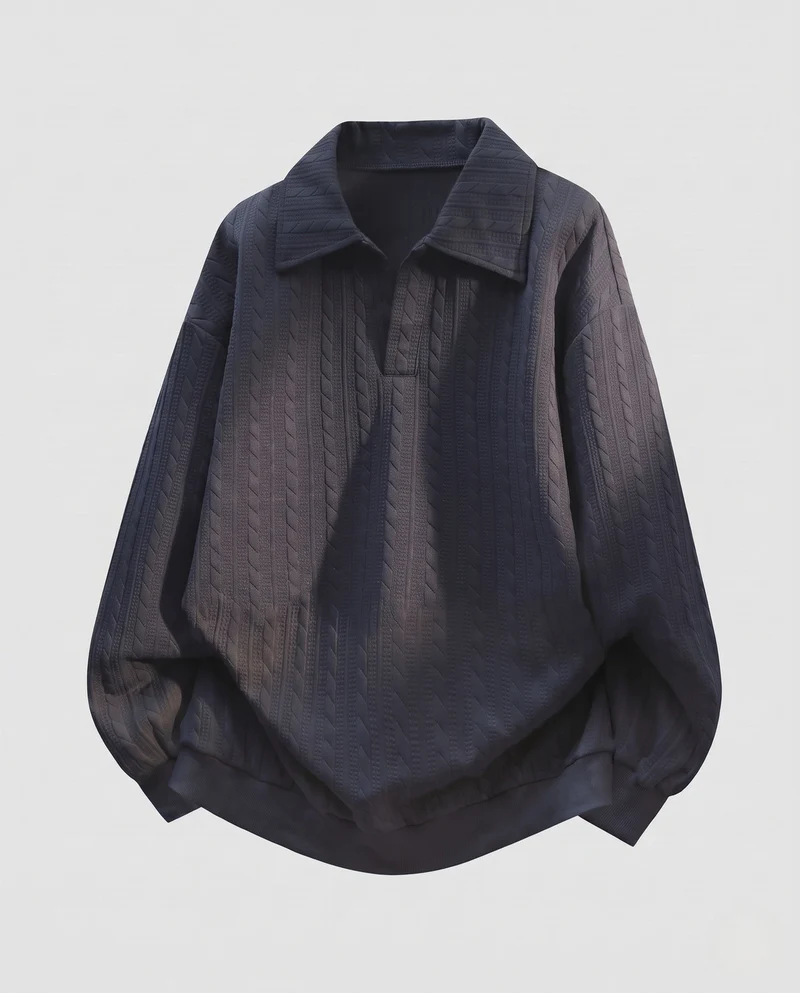 Damen Oversize Kabelstrick Polo Shirt Pullover mit Hemdkragen und Ballonärmeln Nord Taschen