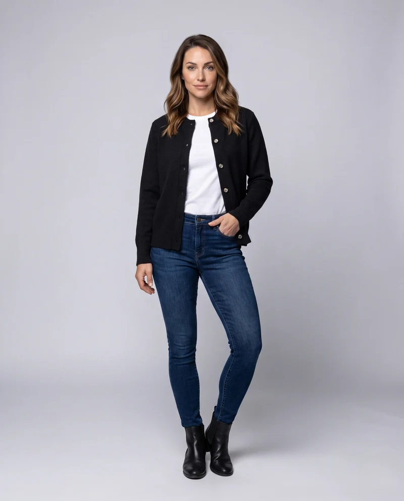 Damen Rundhals Feinstrick-Cardigan mit Knopfleiste und gerippten Bündchen Nord Taschen