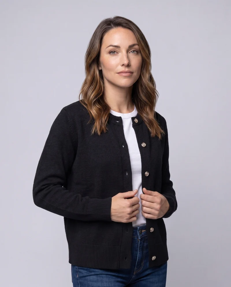 Damen Rundhals Feinstrick-Cardigan mit Knopfleiste und gerippten Bündchen Nord Taschen