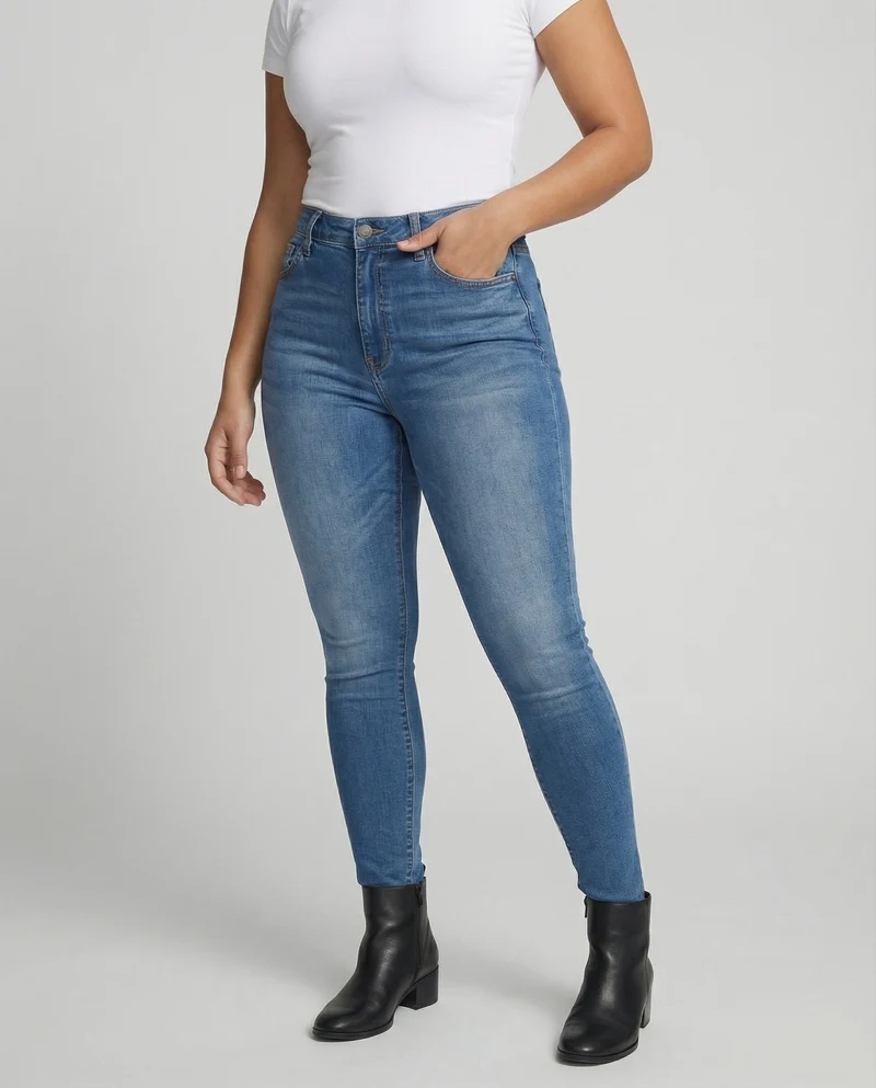 Damen nan hochgeschnittene figurformende Skinny-Jeans mit taillierendem Komfortbund und dezenter Waschung Nord Taschen