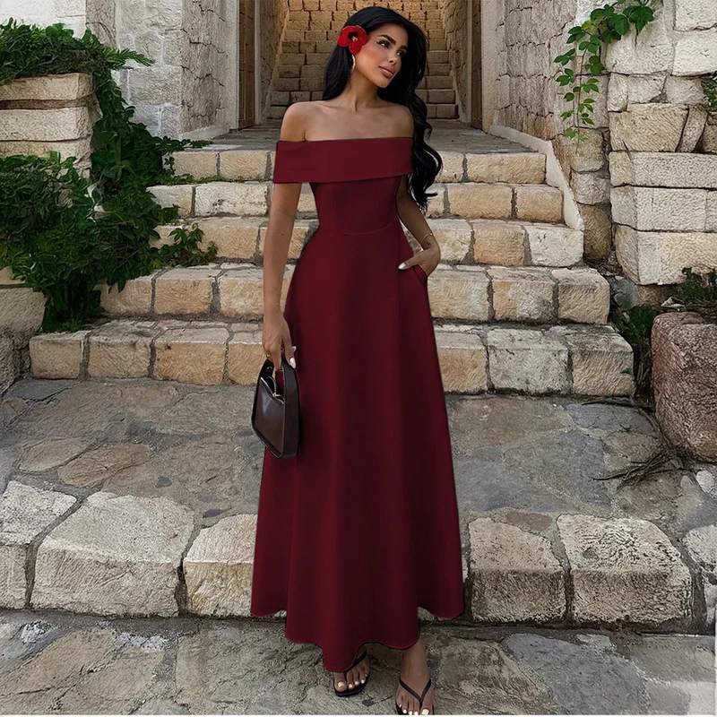Damen Off-Shoulder Maxikleid mit Taschen und eleganter Silhouette Nord Taschen