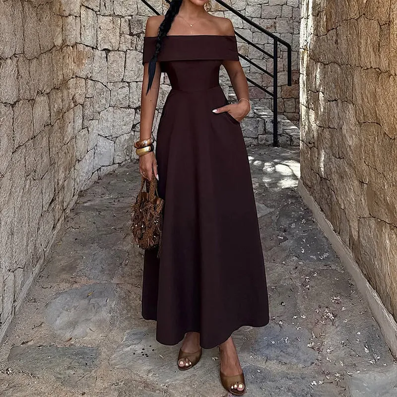 Damen Off-Shoulder Maxikleid mit Taschen und eleganter Silhouette Nord Taschen