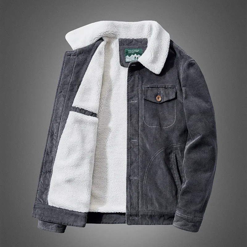 Herren Cordjacke mit Sherpa-Innenfutter, Hemdkragen und Taschen-Detail Nord Taschen