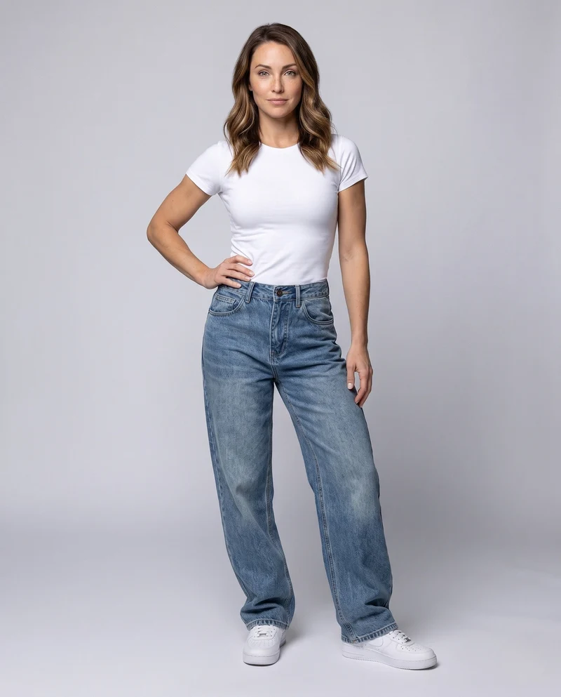 Damen Relaxed High-Waist Baggy Jeans mit weitem Bein und Vintage-Waschung Nord Taschen
