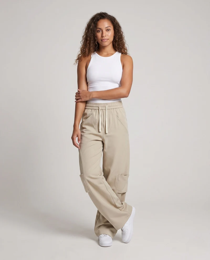 Damenweite Cargo-Baggy-Hose mit elastischem Kordelzugbund, aufgesetzten Seitentaschen & lockerer Silhouette Nord Taschen