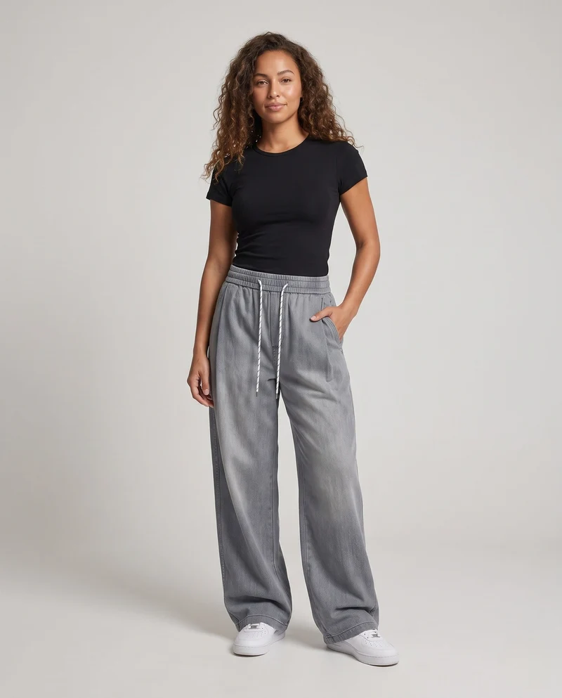 Damen Weite Denim Harem-Hosen mit Elastischem Kordelzugbund & Ballonförmigem Saum Nord Taschen