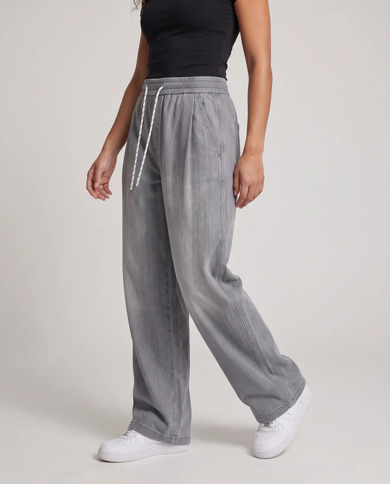 Damen Weite Denim Harem-Hosen mit Elastischem Kordelzugbund & Ballonförmigem Saum Nord Taschen
