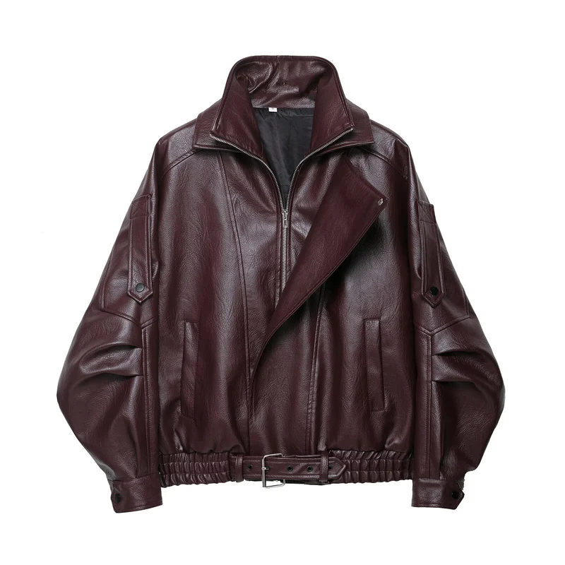 Damen Oversized Lederjacke im Bomberstil mit Taillengürtel Nord Taschen