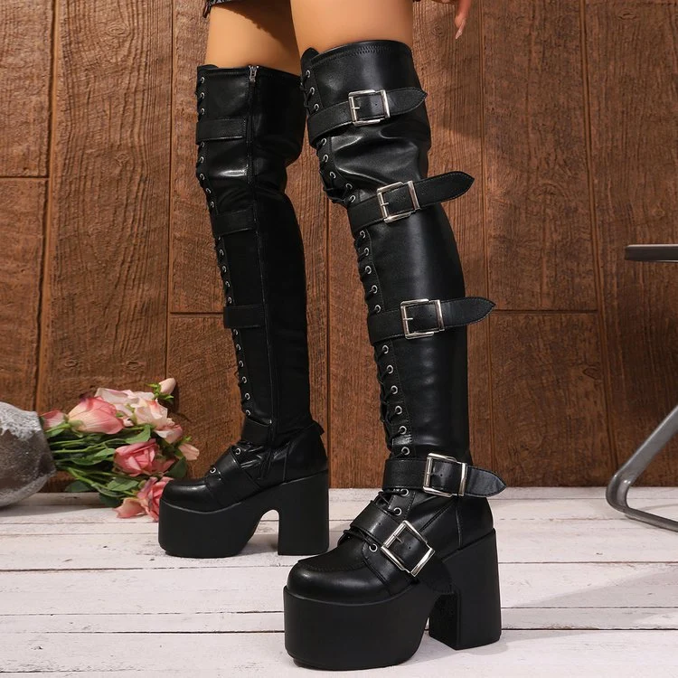 Damen Overknee Stiefel mit modischen Schnallen und hochmodernem Plateau Nord Taschen