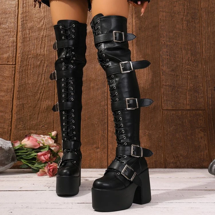 Damen Overknee Stiefel mit modischen Schnallen und hochmodernem Plateau Nord Taschen