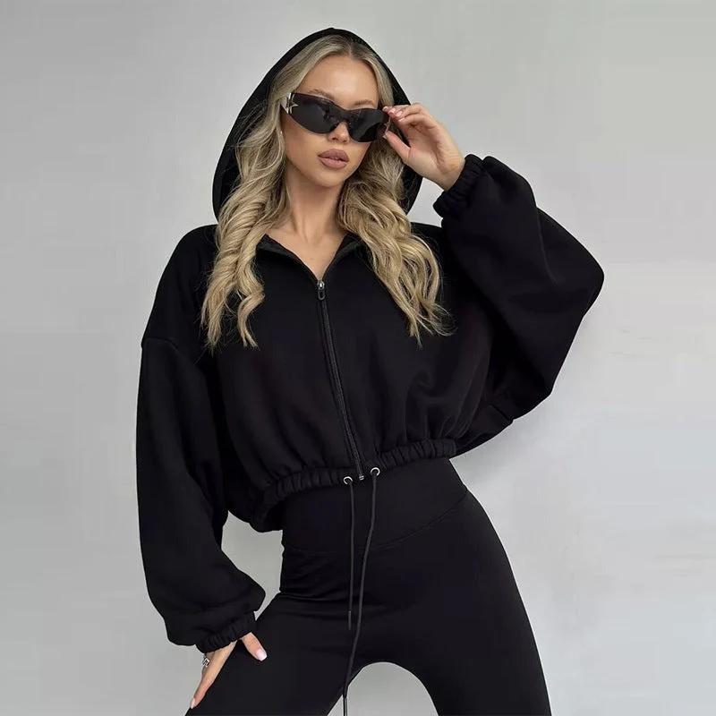 Damen Sportlicher Cropped Hoodie mit Reißverschluss und Kordelzug