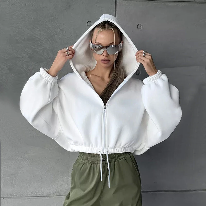 Damen Sportlicher Cropped Hoodie mit Reißverschluss und Kordelzug
