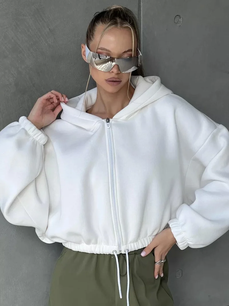 Damen Sportlicher Cropped Hoodie mit Reißverschluss und Kordelzug