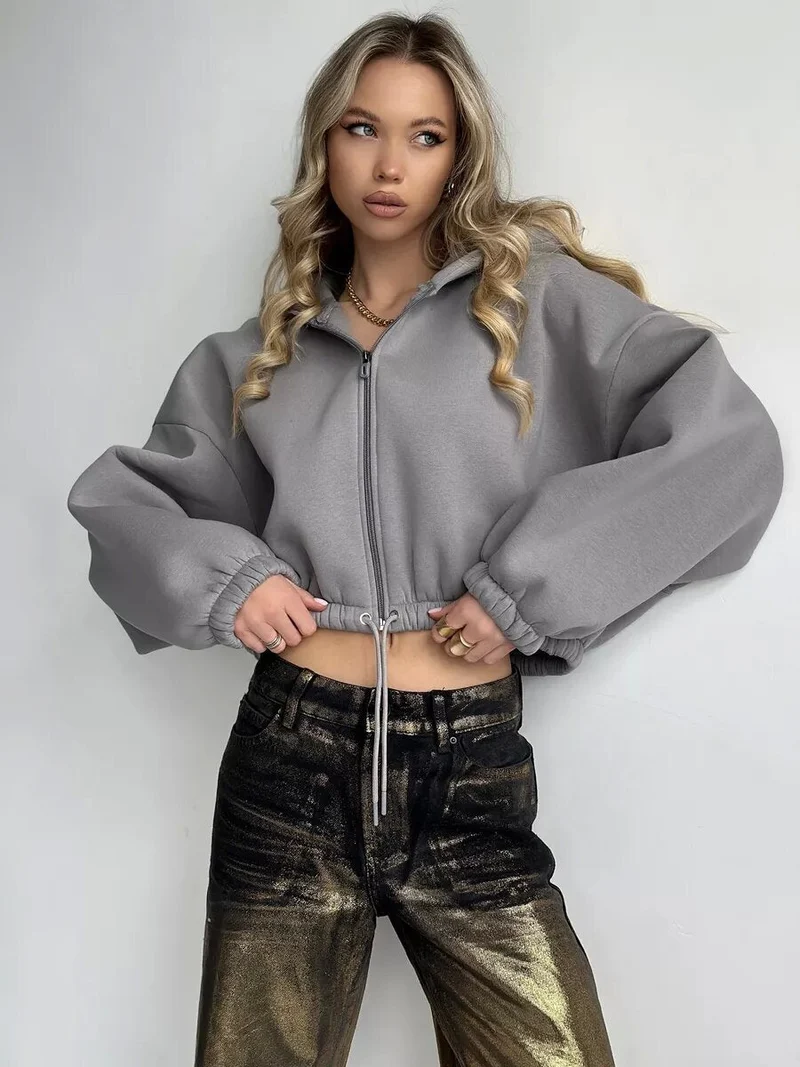 Damen Sportlicher Cropped Hoodie mit Reißverschluss und Kordelzug