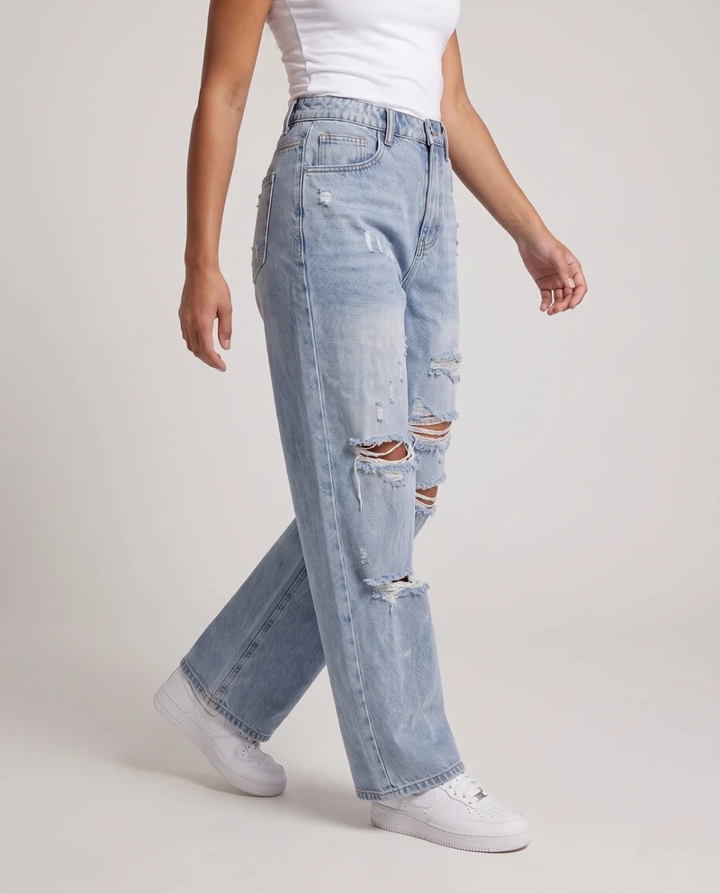Damenweite zerstörte Baggy-Jeans mit elastischem Bund Nord Taschen