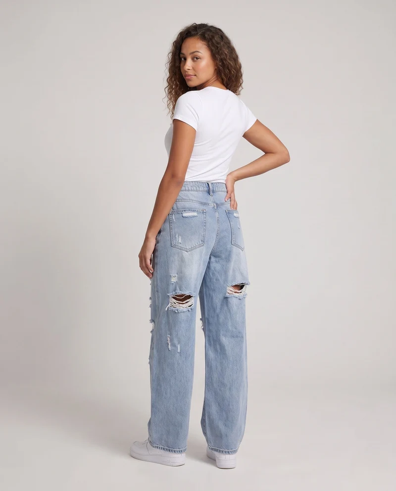Damenweite zerstörte Baggy-Jeans mit elastischem Bund Nord Taschen