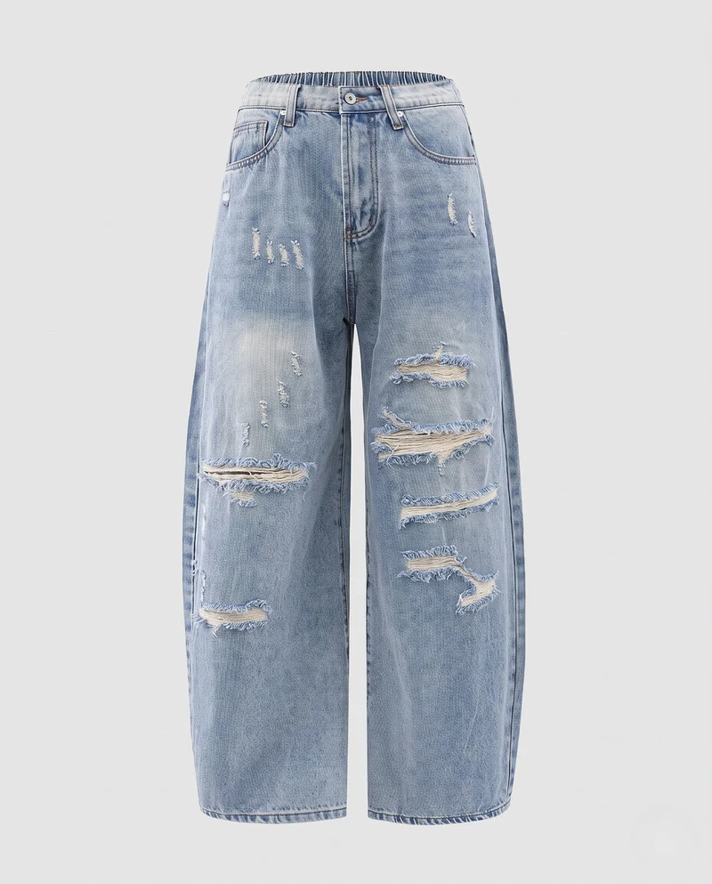 Damenweite zerstörte Baggy-Jeans mit elastischem Bund Nord Taschen
