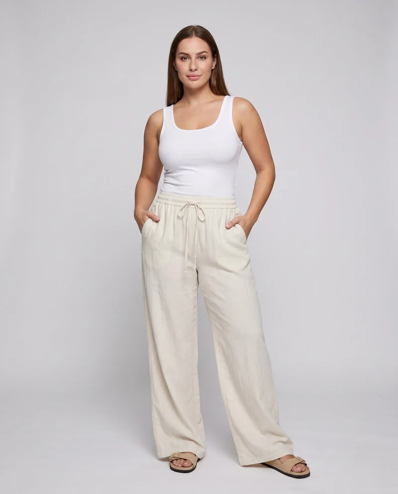 Damenweite Palazzo-Hose im Leinenlook mit Kordelzug und elastischem Bund Nord Taschen