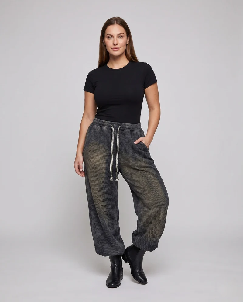 Damen breite Waffelstrick-Loungehosen mit hohem elastischem Bund & aufgesetzter Gesäßtasche Nord Taschen