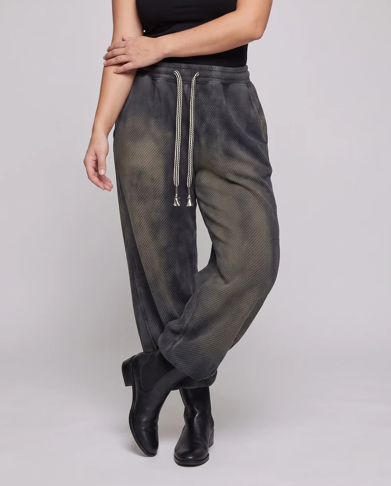 Damen breite Waffelstrick-Loungehosen mit hohem elastischem Bund & aufgesetzter Gesäßtasche Nord Taschen