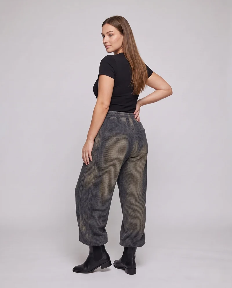 Damen breite Waffelstrick-Loungehosen mit hohem elastischem Bund & aufgesetzter Gesäßtasche Nord Taschen
