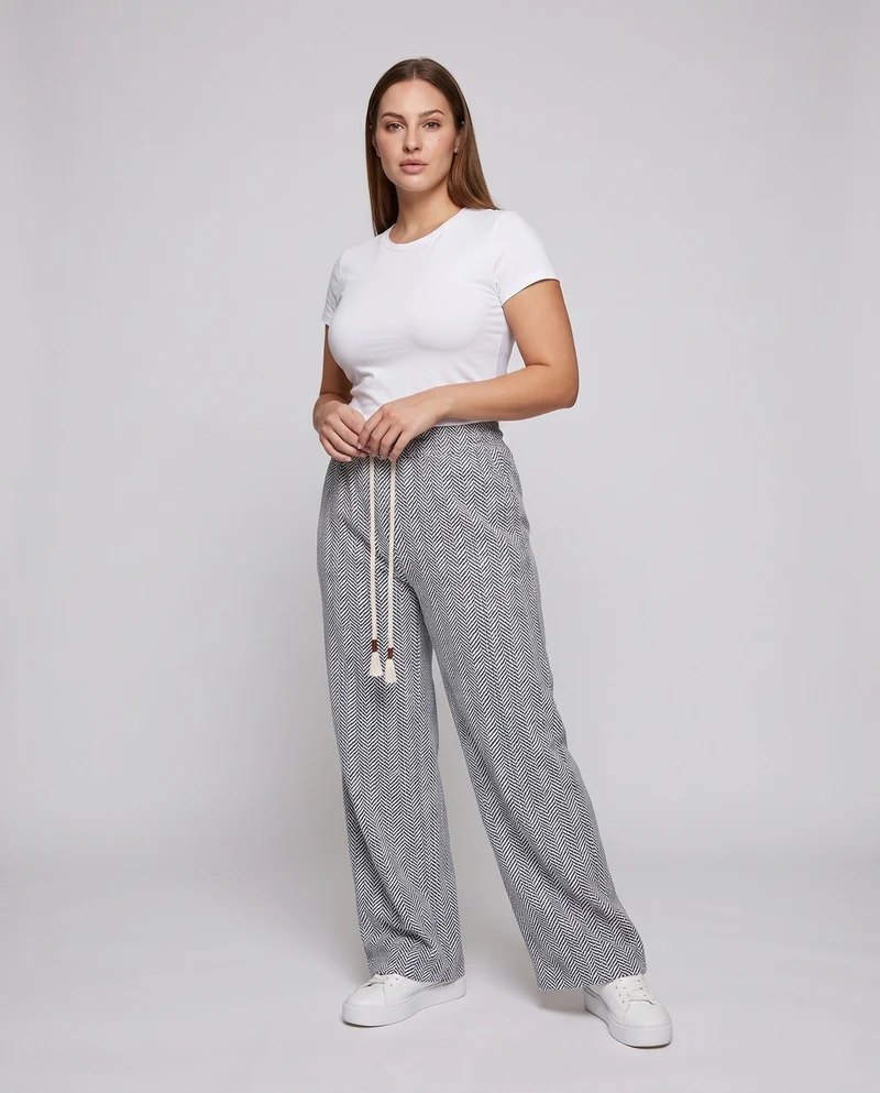 Damen Weite Velour Loungehose mit Fischgrätmuster, Kordelzug & elastischem Bund Nord Taschen