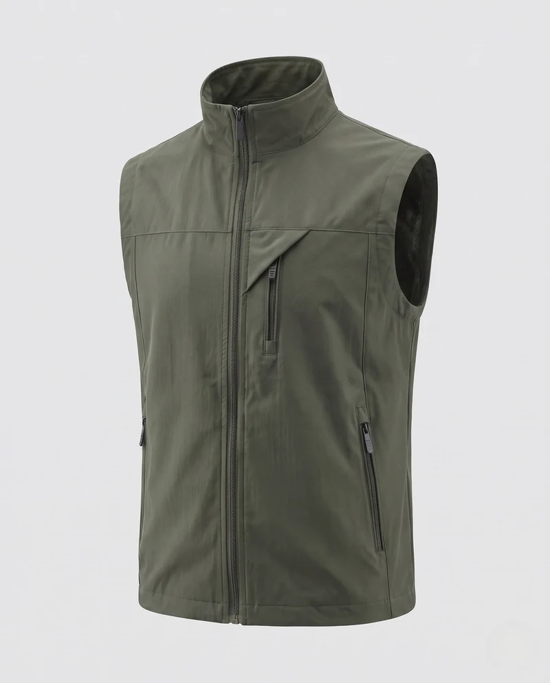 Herren ärmellose Utility-Weste mit Stehkragen, mehreren Reißverschlusstaschen & winddichtem Shell Nord Taschen