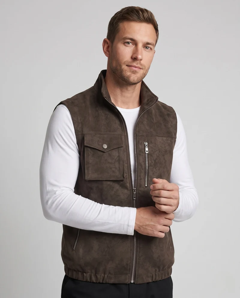 Herren ärmellose Wildleder-Look-Weste mit zwei-Wege-Reißverschluss & Reißverschlusstaschen Nord Taschen