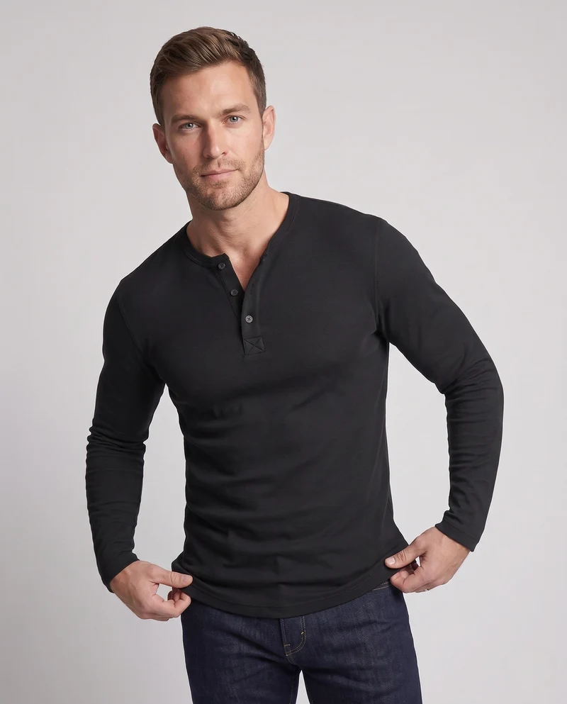 Herren Thermo Henley Langarmshirt aus gerippter Strickware mit Knopfleiste Nord Taschen
