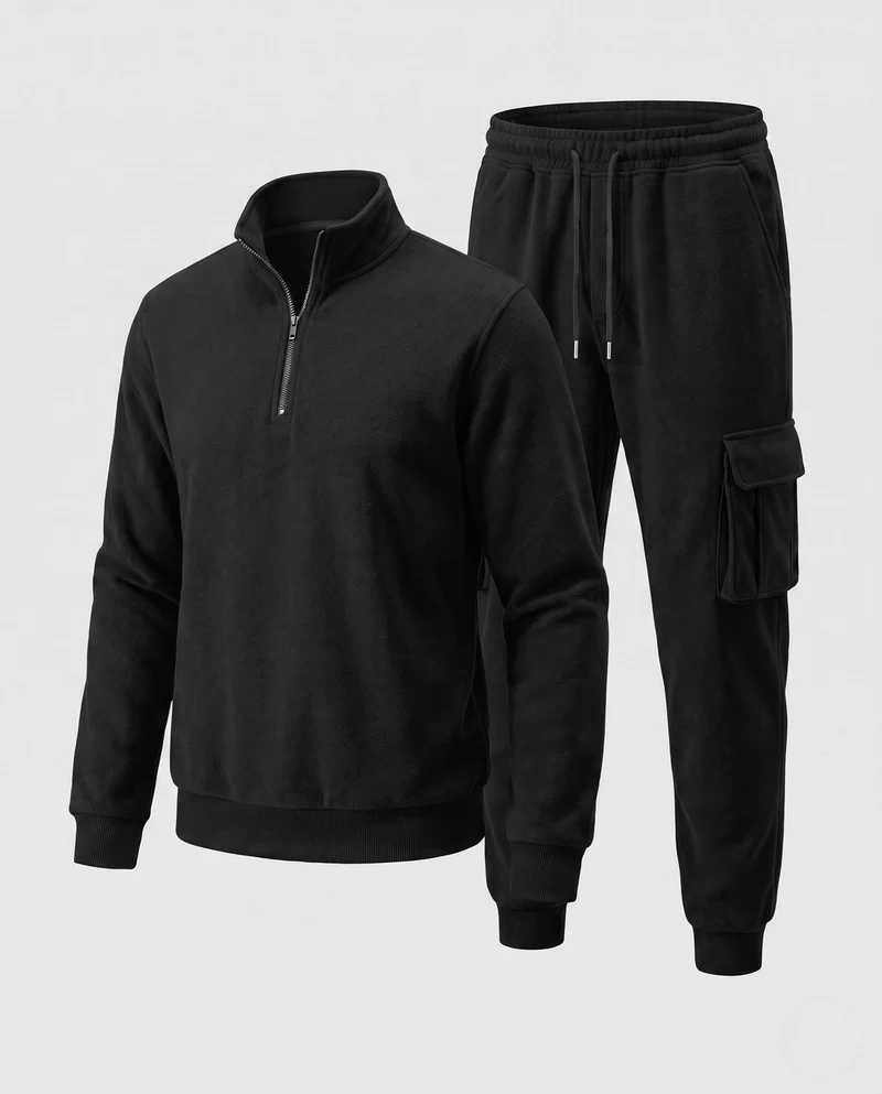 Männer Urban Cargo Lounge Set mit halbem Reißverschluss und Stehkragen, Utility Cargo Joggers und Kordelzug Nord Taschen