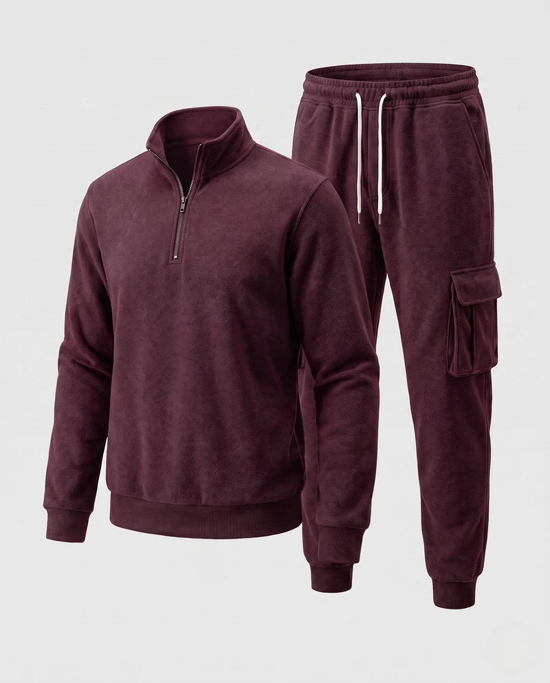 Männer Urban Cargo Lounge Set mit halbem Reißverschluss und Stehkragen, Utility Cargo Joggers und Kordelzug Nord Taschen