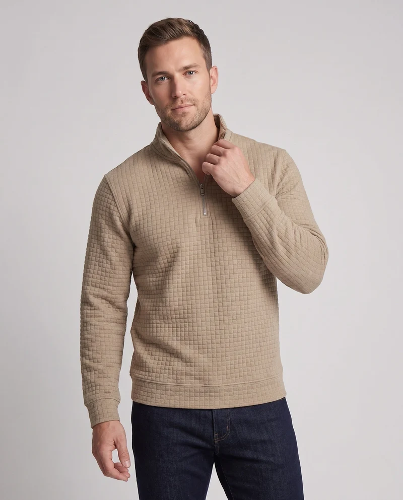 Herren Texturiertes Komfort Freizeitanzug Set mit Halben Reißverschluss Pullover und Cargo Jogginghose Nord Taschen