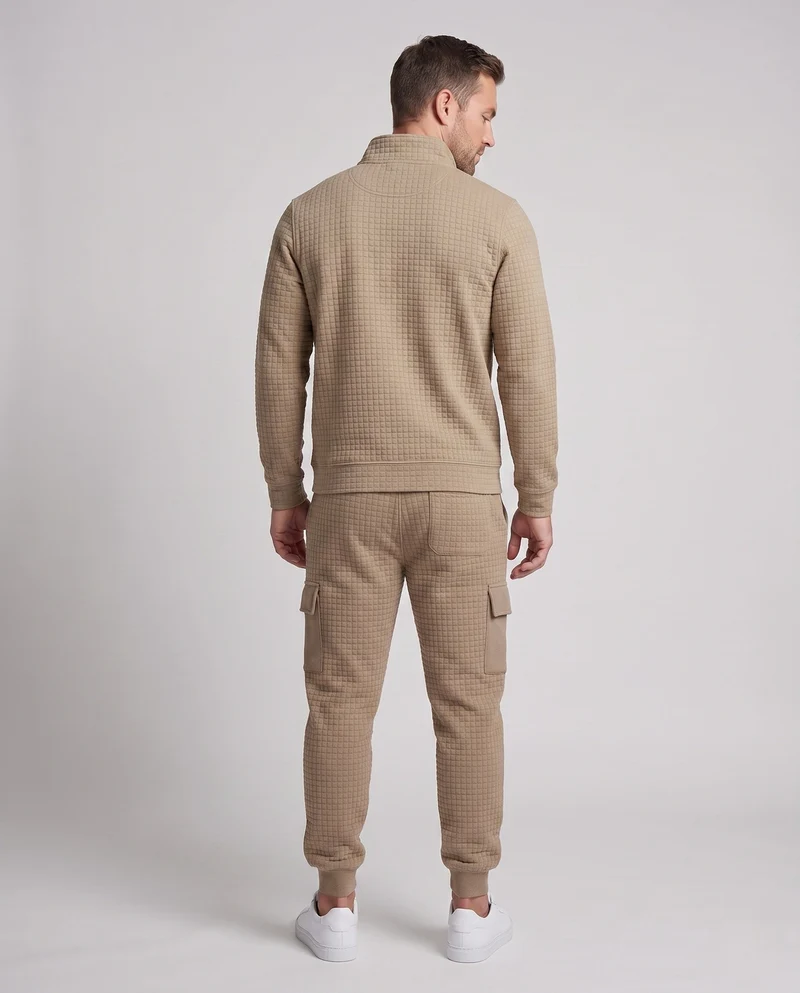 Herren Texturiertes Komfort Freizeitanzug Set mit Halben Reißverschluss Pullover und Cargo Jogginghose Nord Taschen