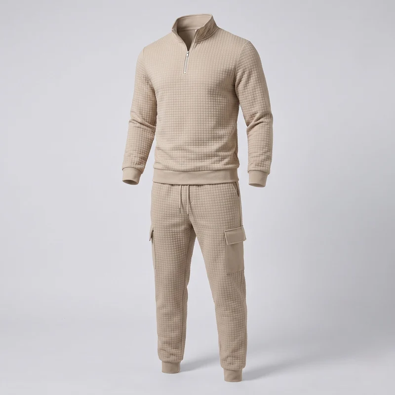 Herren Texturiertes Komfort Freizeitanzug Set mit Halben Reißverschluss Pullover und Cargo Jogginghose Nord Taschen