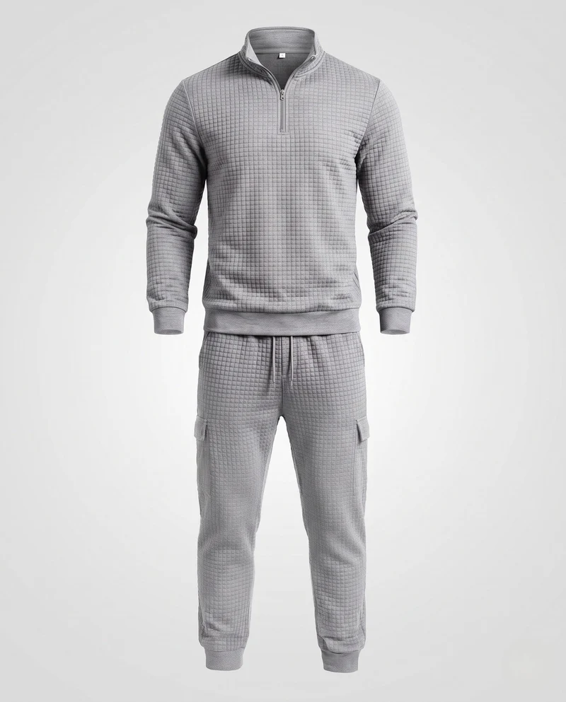 Herren Texturiertes Komfort Freizeitanzug Set mit Halben Reißverschluss Pullover und Cargo Jogginghose Nord Taschen