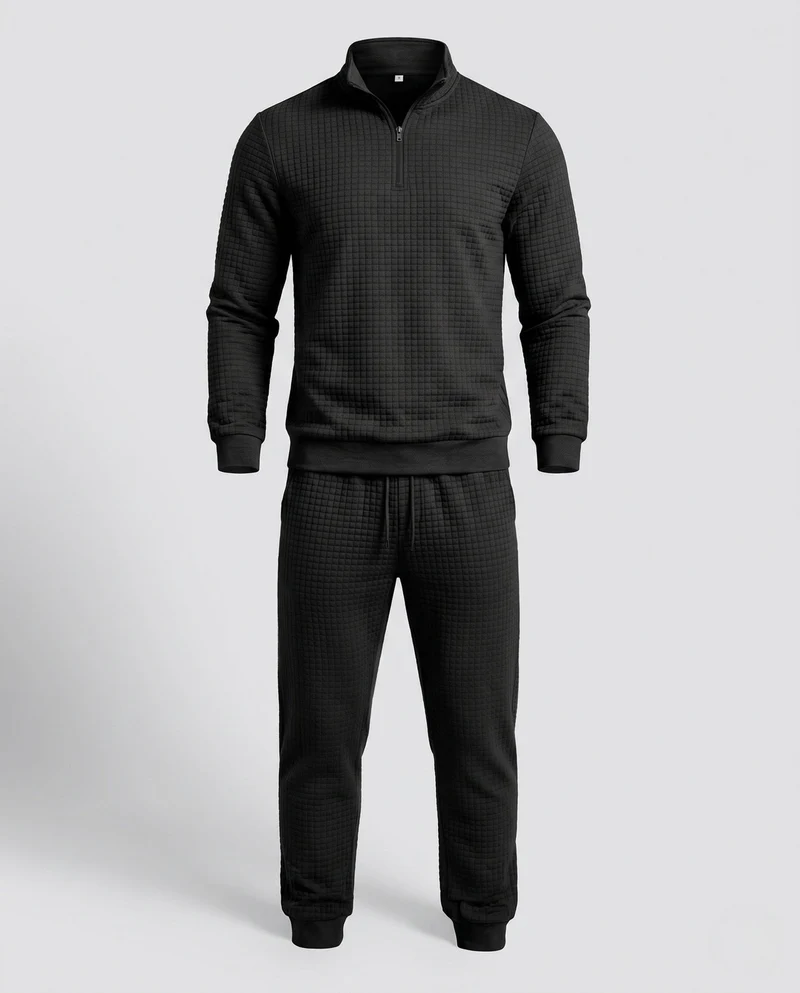 Herren Texturiertes Komfort Freizeitanzug Set mit Halben Reißverschluss Pullover und Cargo Jogginghose Nord Taschen