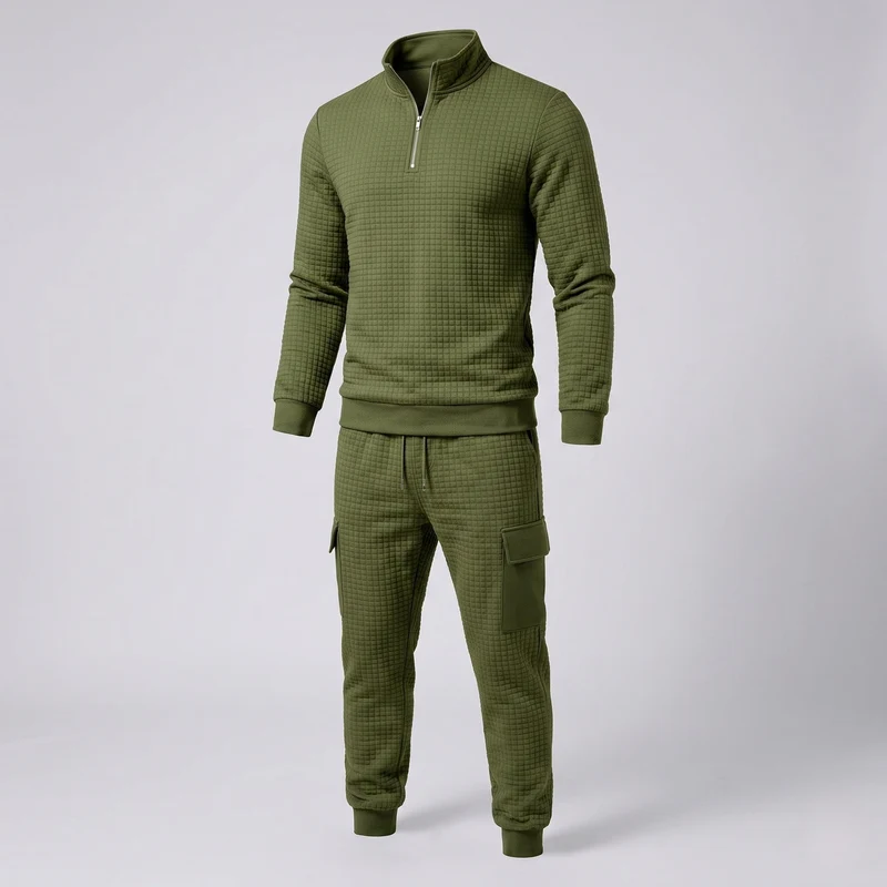 Herren Texturiertes Komfort Freizeitanzug Set mit Halben Reißverschluss Pullover und Cargo Jogginghose Nord Taschen