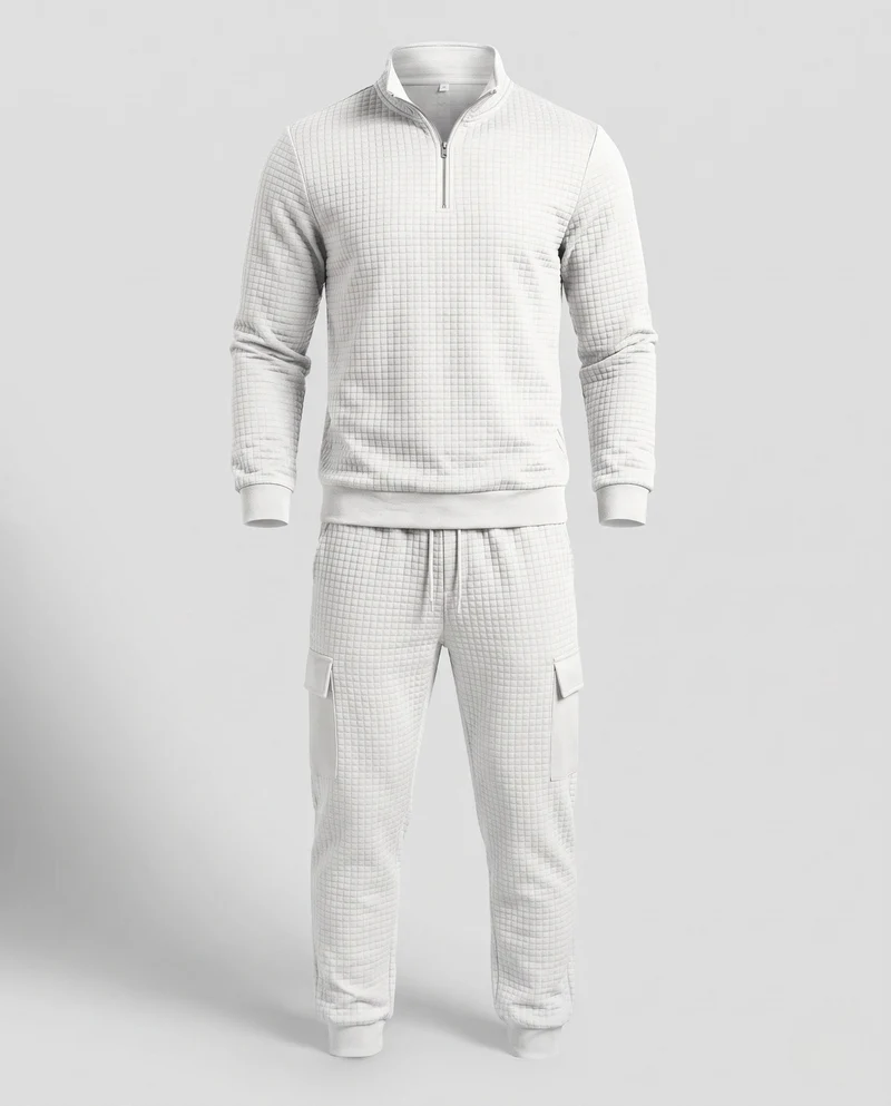 Herren Texturiertes Komfort Freizeitanzug Set mit Halben Reißverschluss Pullover und Cargo Jogginghose Nord Taschen