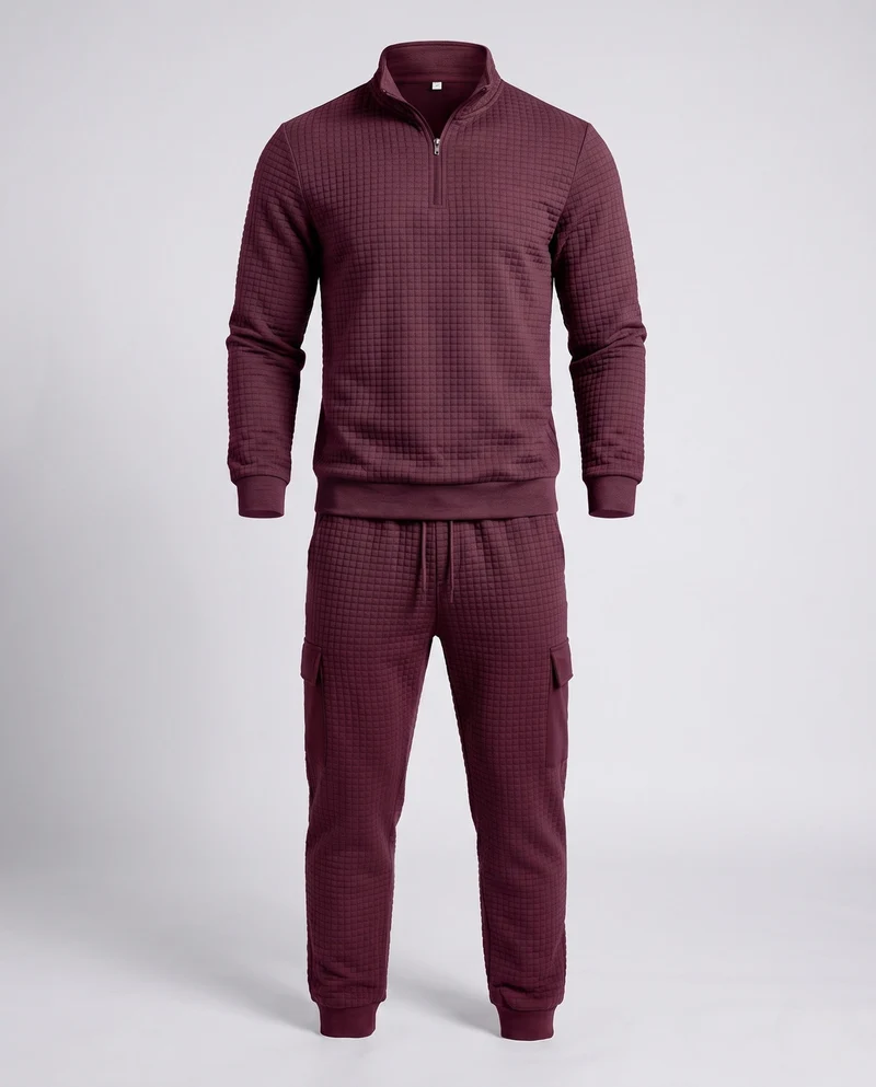 Herren Texturiertes Komfort Freizeitanzug Set mit Halben Reißverschluss Pullover und Cargo Jogginghose Nord Taschen